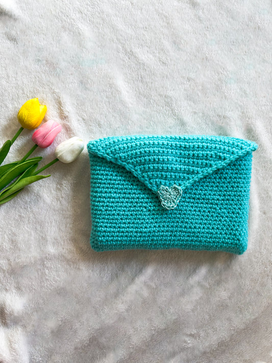 Handmade Crochet Love Letter Book Sleeve Envelope in Turquoise