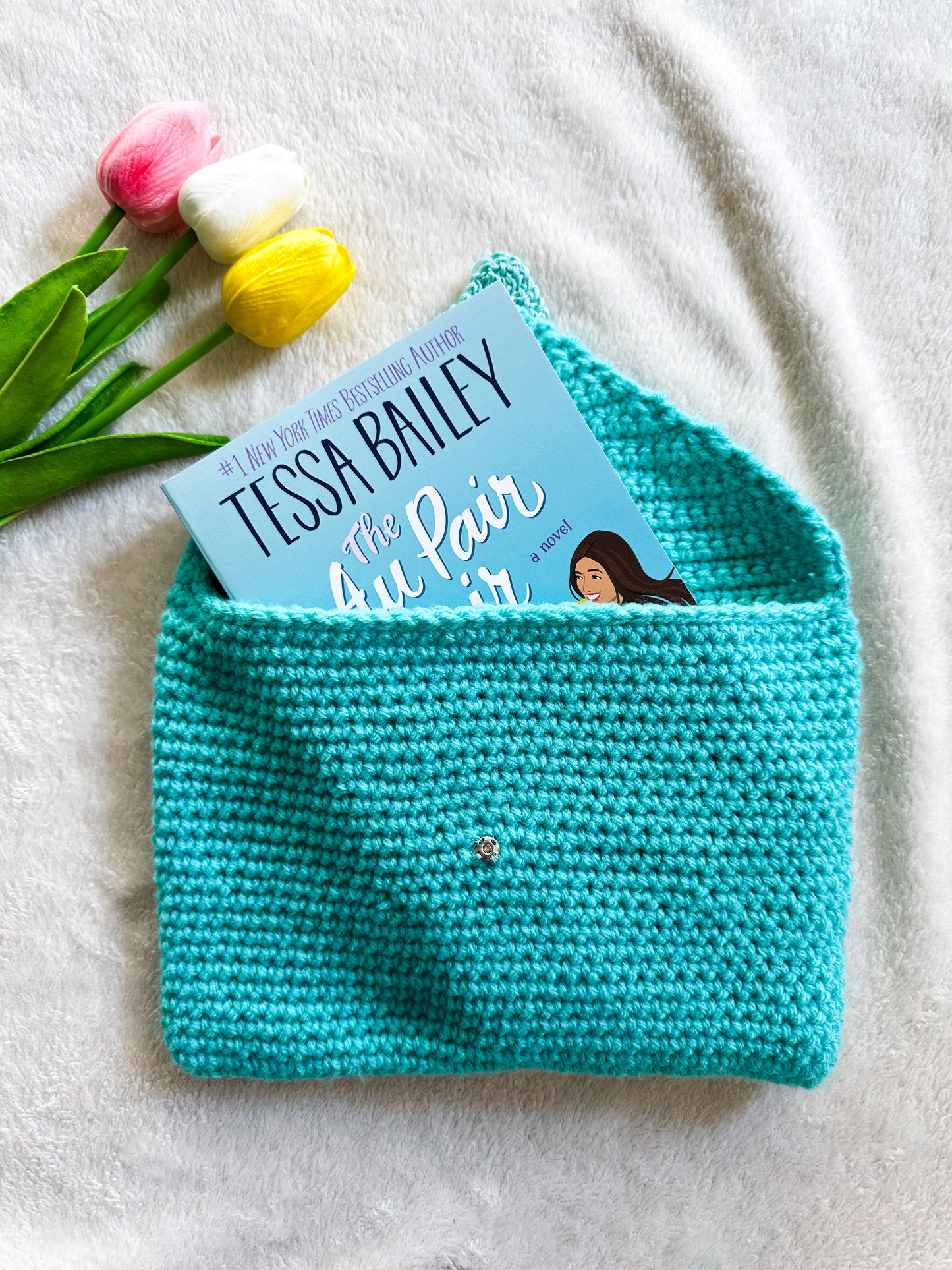 Handmade Crochet Love Letter Book Sleeve Envelope in Turquoise