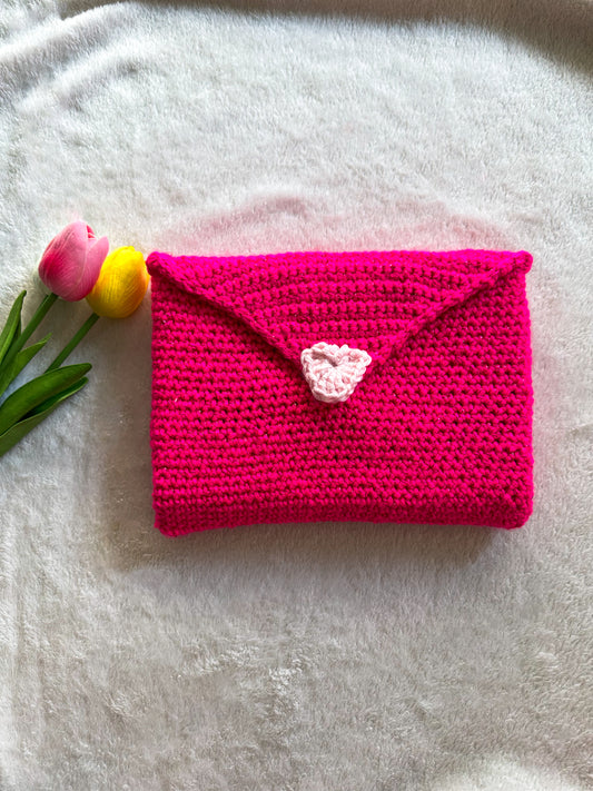 Handmade Crochet Love Letter Book Sleeve Envelope in Hot Pink