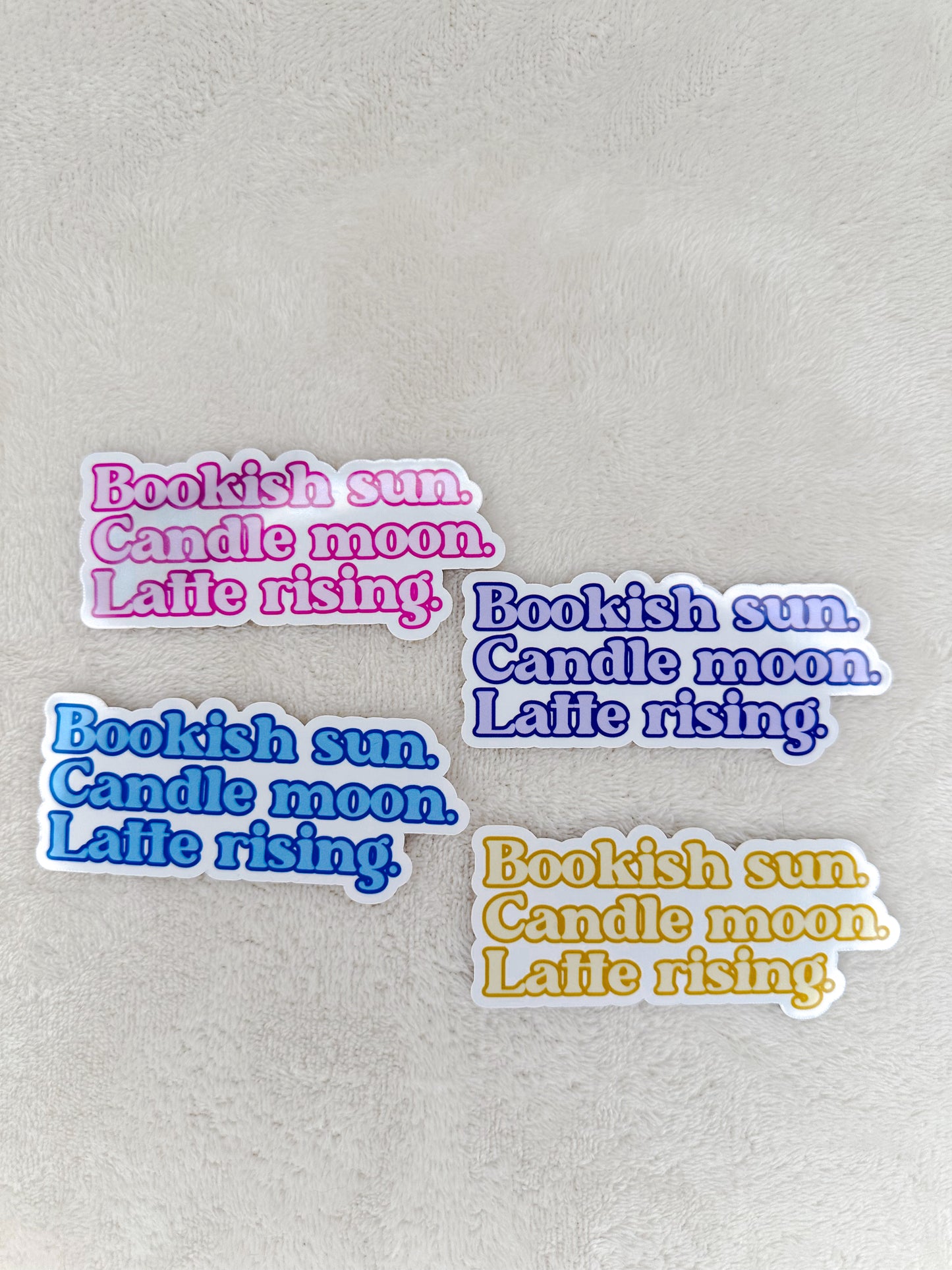 Bookish Sun. Candle Moon. Latte Rising. Die Cut Sticker