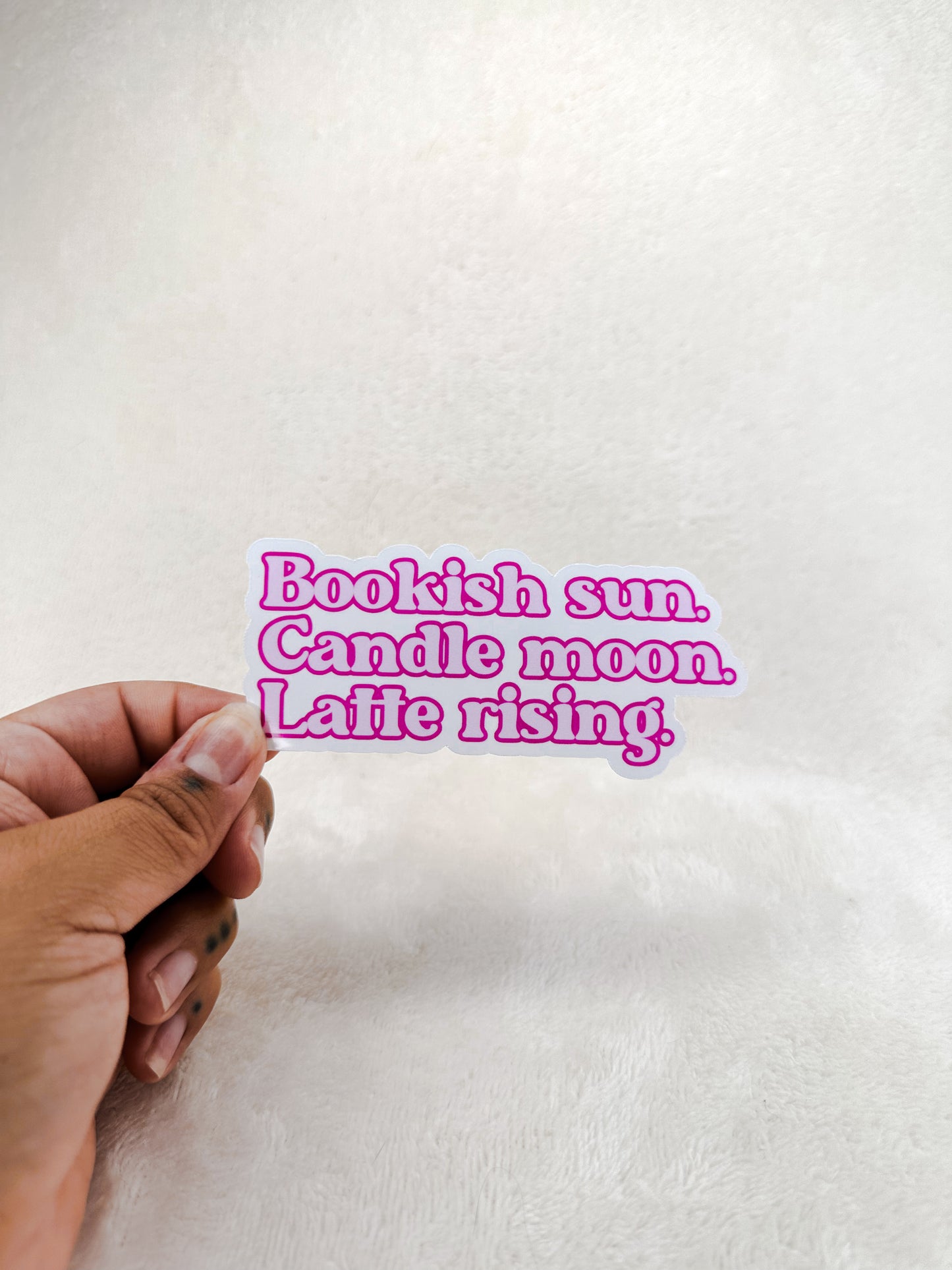 Bookish Sun. Candle Moon. Latte Rising. Die Cut Sticker