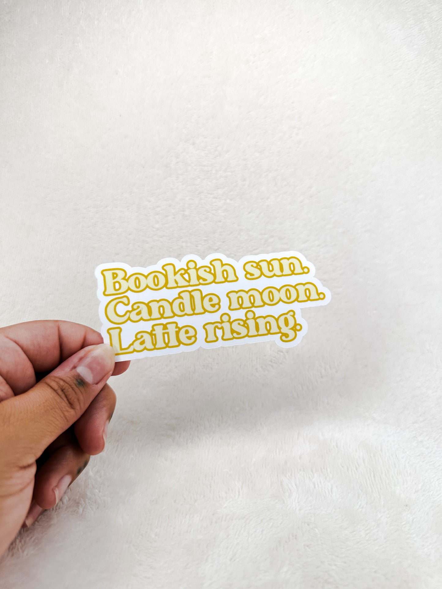 Bookish Sun. Candle Moon. Latte Rising. Die Cut Sticker
