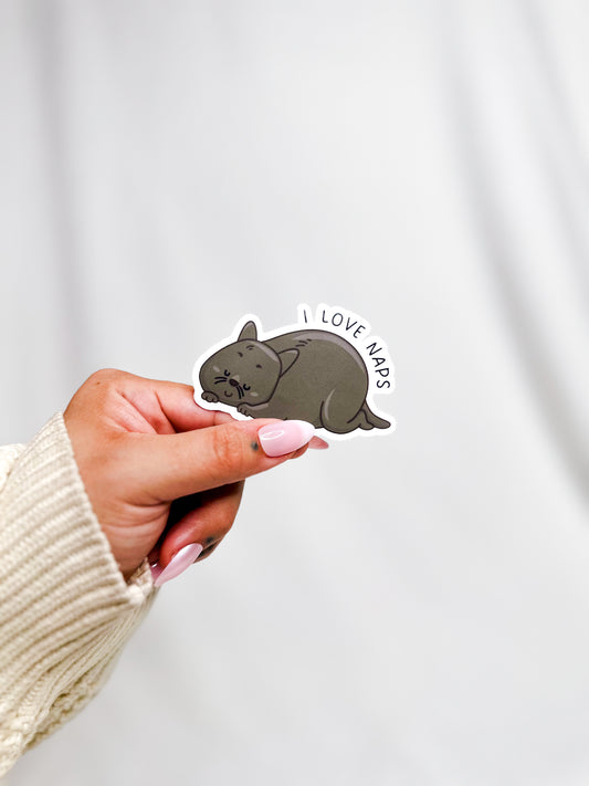 I Love Naps, Gray Fat Cat Die Cut Sticker